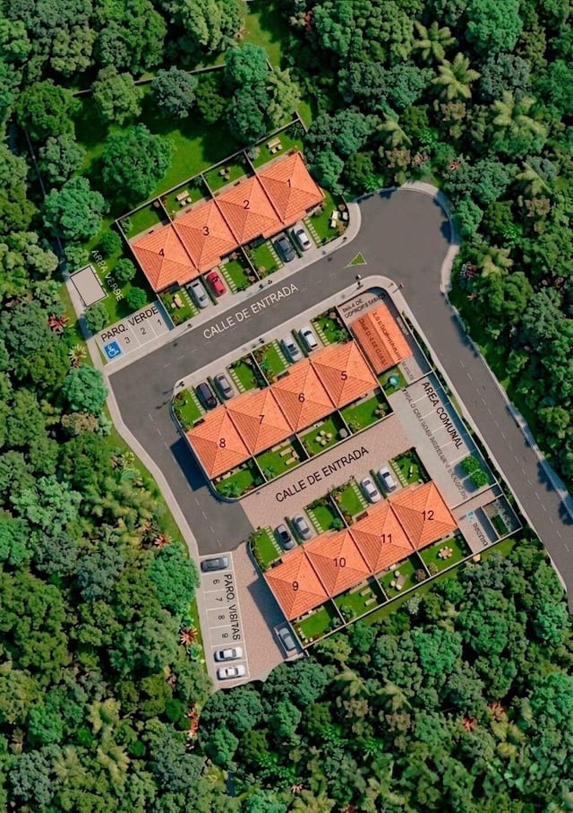 Vista aérea de la implantación de un conjunto de doce viviendas sobre el terreno