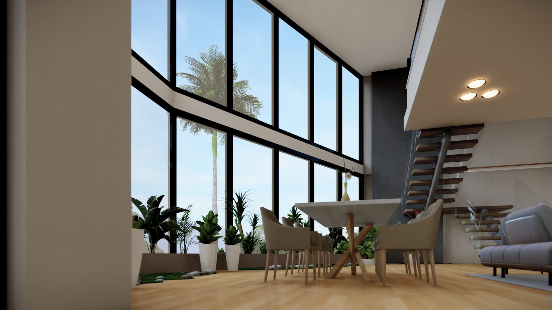 Comedor de doble altura con ventanales de piso a techo