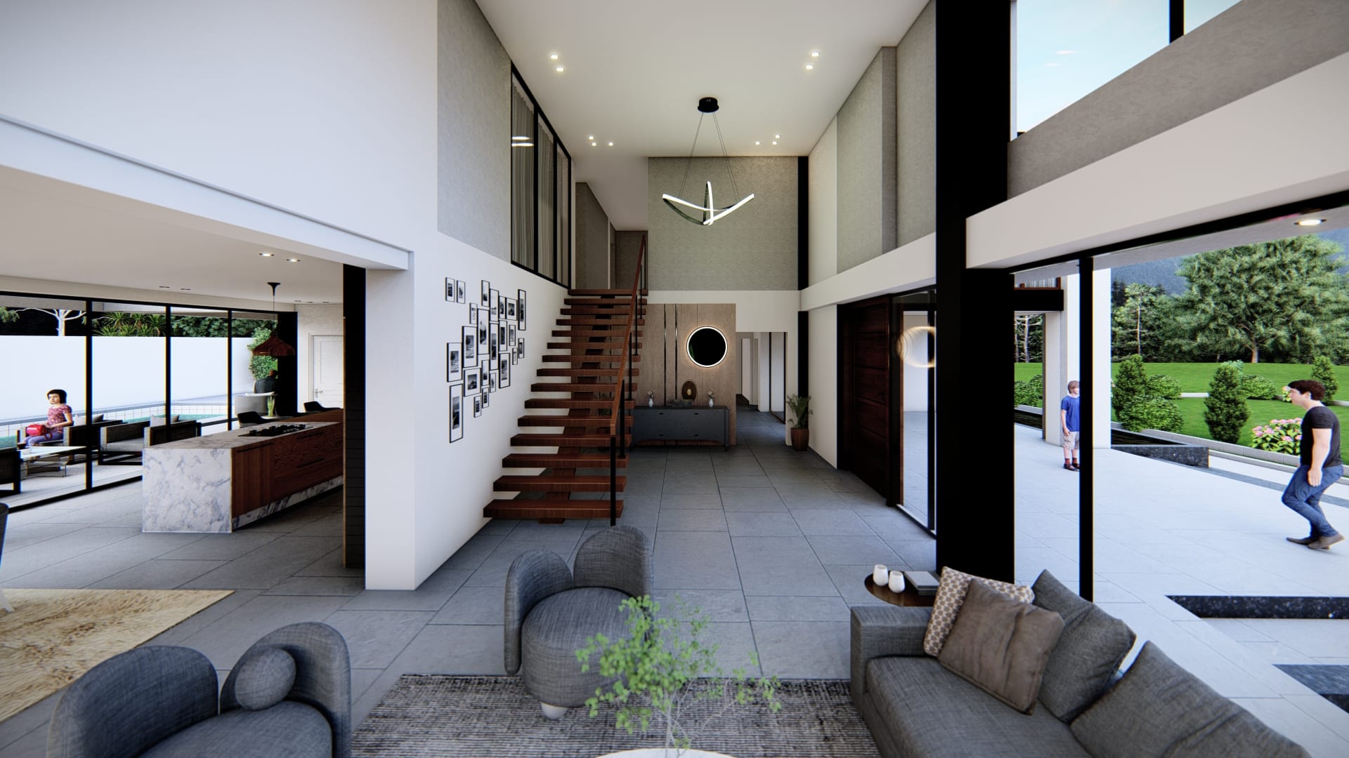 Hall de acceso de un edificio residencial con escalera y vegetación